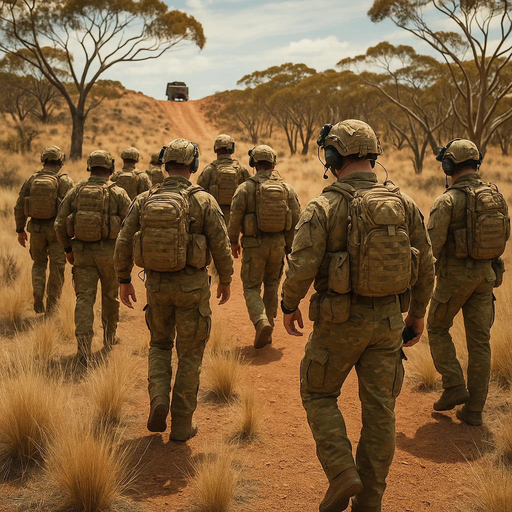 A squad of modern soldiers in camouflage uniforms and heavy tactical gear walks through a dry Australian outback landscape, with sparse eucalyptus trees and a military vehicle visible on a dirt ridge under a partly cloudy sky.