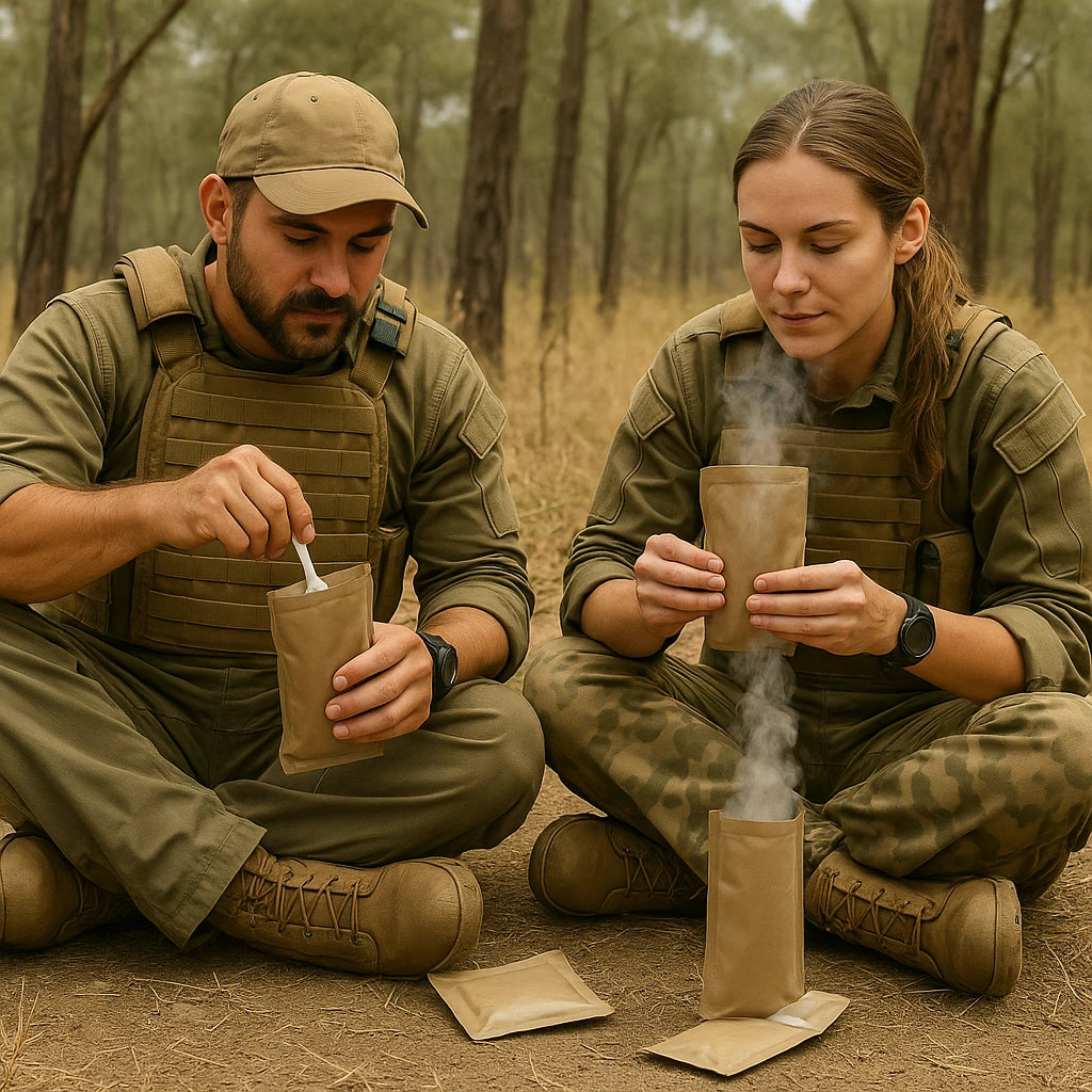 Two tactical operators in military-style uniforms sit cross-legged on dry forest ground, preparing hot meals from brown MRE pouches with steam rising, surrounded by sparse eucalyptus trees and dry grass.