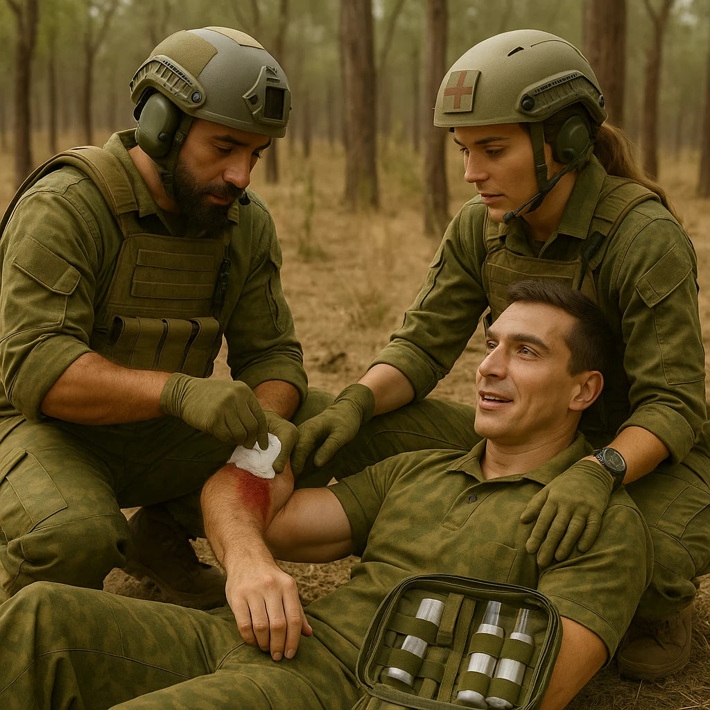 Three military medics in camouflage uniforms treat a teammate's arm wound in a dry eucalyptus forest. One applies gauze while another provides support, with a first aid kit open nearby, highlighting teamwork and field medical care.