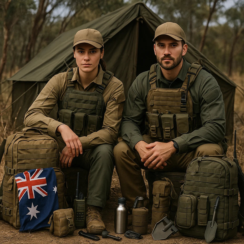 Male and female tactical operators wearing vests and caps seated at an Australian bush campsite. MOLLE backpacks (coyote, green, Multicam), tools, radios, water flasks, tent in background.