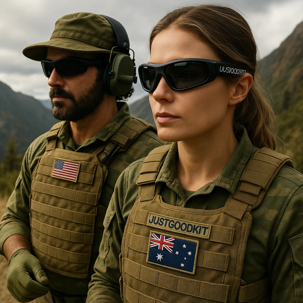 Two tactical operators wearing “JUSTGOODKIT” eye protection stand in a mountainous terrain under cloudy skies. The female wears an Australian flag patch, while the male wears a U.S. flag patch and hearing protection.