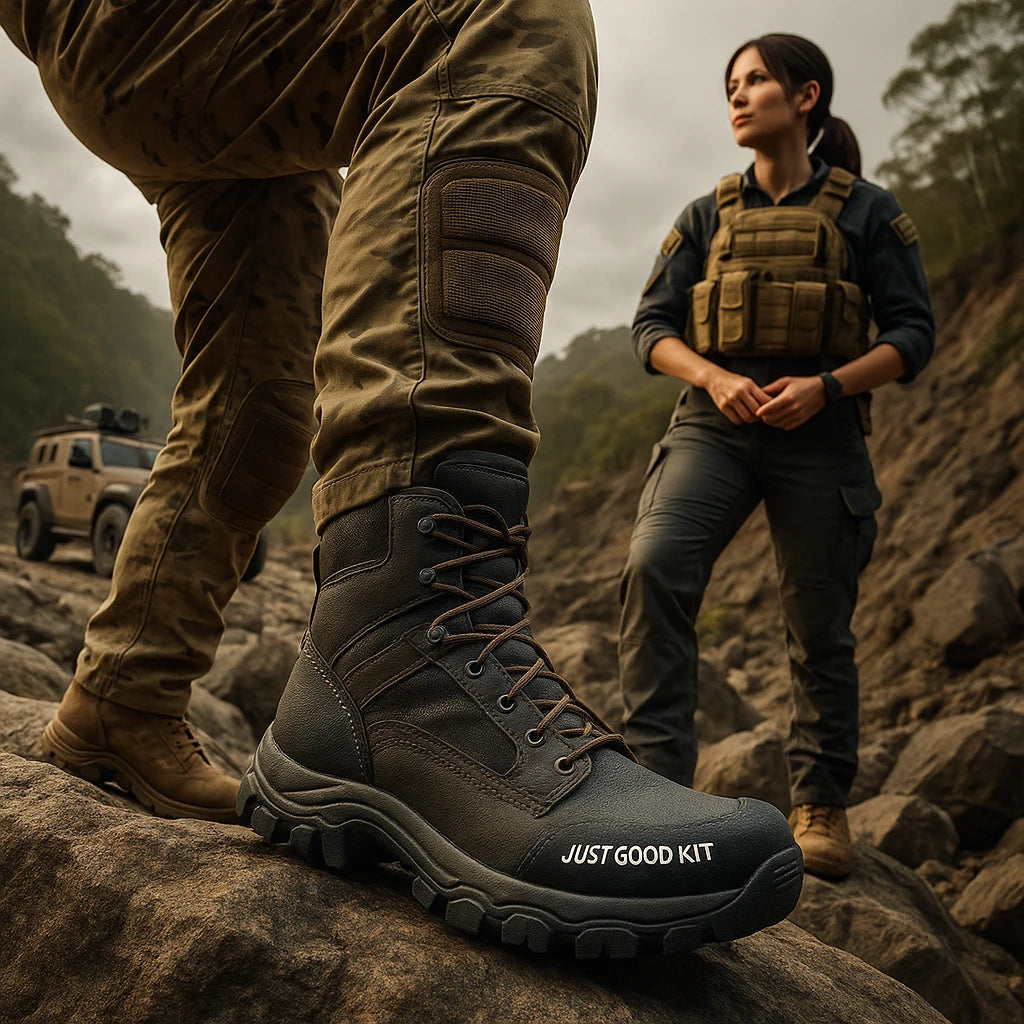 Close-up of tactical boots labelled "JUSTGOODKIT" on a rocky mountain trail, with a female operator in tactical gear standing in the background and a military vehicle parked on rough terrain under overcast skies.