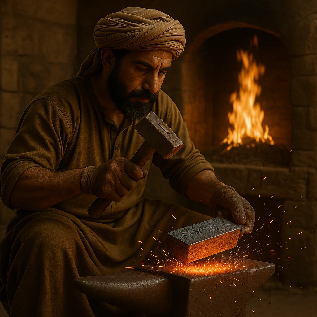 A Middle Eastern blacksmith hammers a glowing patterned Damascus steel ingot on an anvil, surrounded by sparks and firelight in a traditional stone forge.