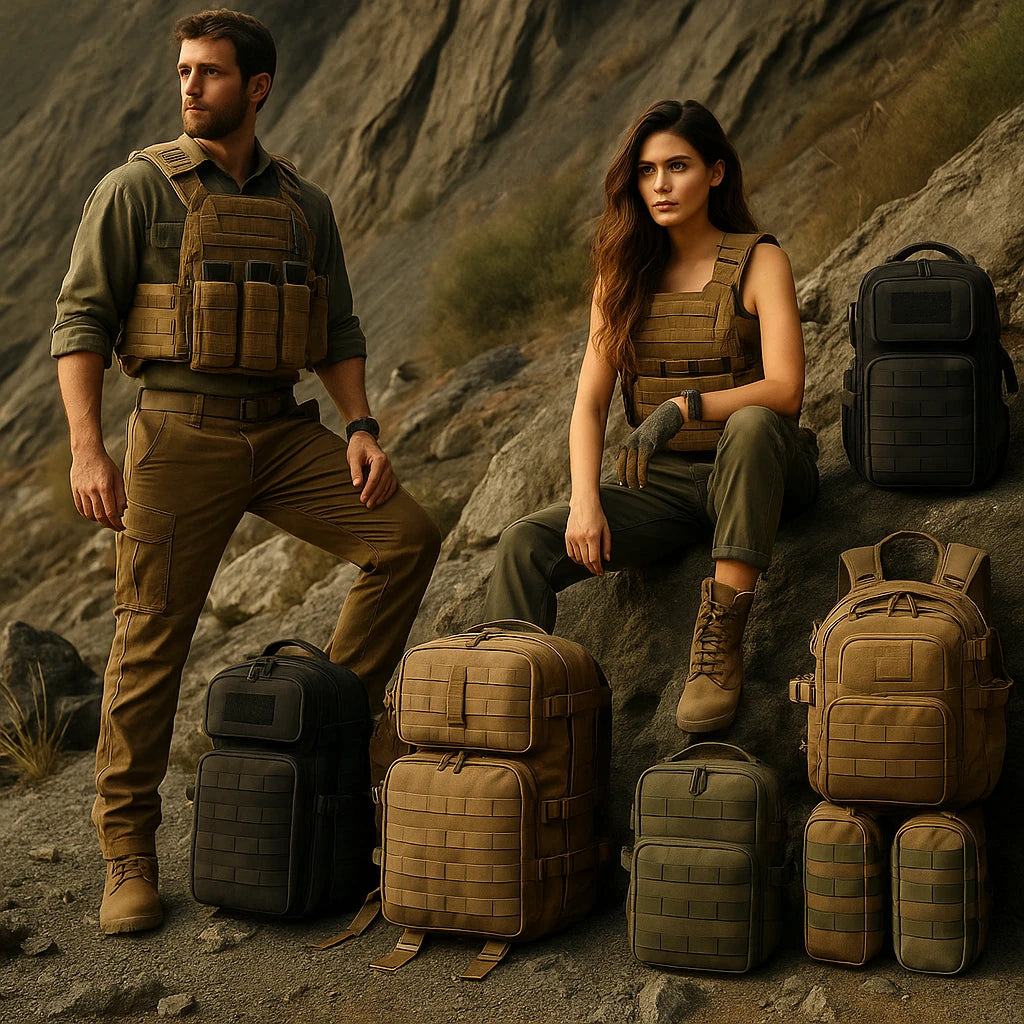 Two people in tactical gear pose in a rugged mountain landscape, surrounded by MOLLE-compatible backpacks and pouches in coyote, black, ranger green, and Multicam.