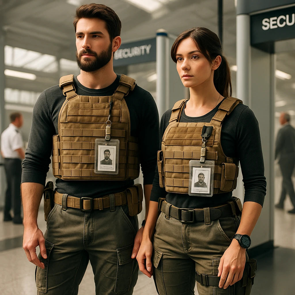 Two tactical operators in tactical gear stand at a security checkpoint wearing clear ID card holders on their MOLLE vests.