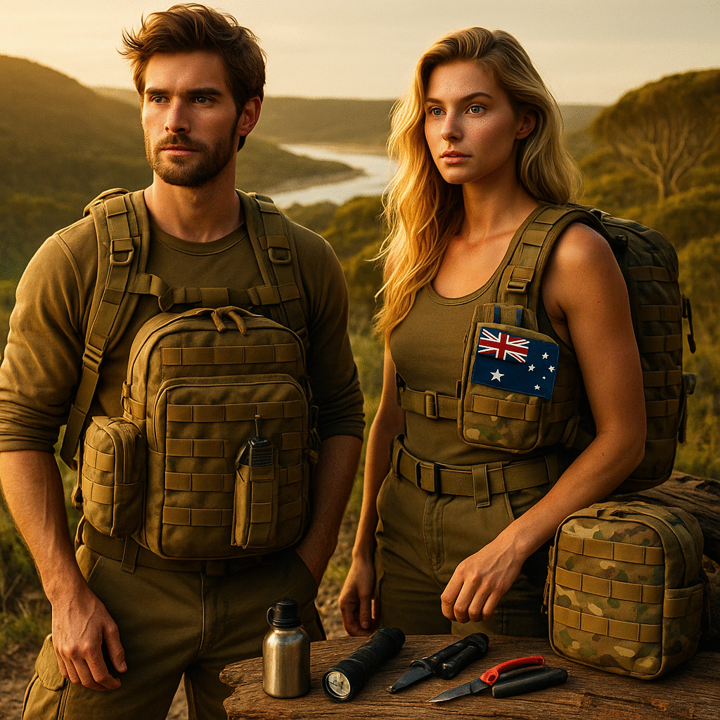 At golden hour, a man and blonde woman in neutral-toned Australian-made tactical gear and MOLLE vests stand by a weathered log with coyote-brown and Multicam packs, a flag pouch, and survival tools.