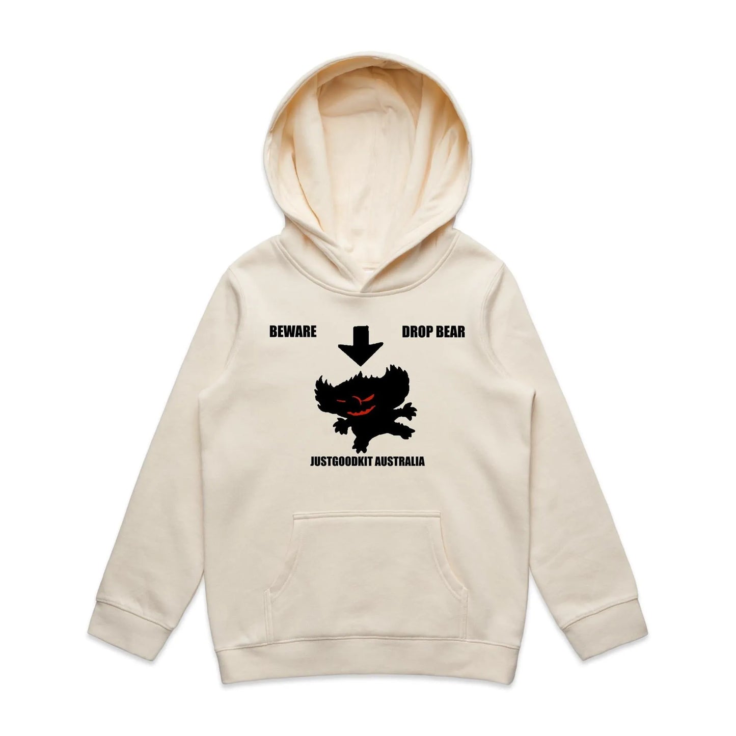 Kids Drop Bear Hoodie in beige with a kangaroo pocket, featuring "Beware Drop Bear" design for young explorers.
