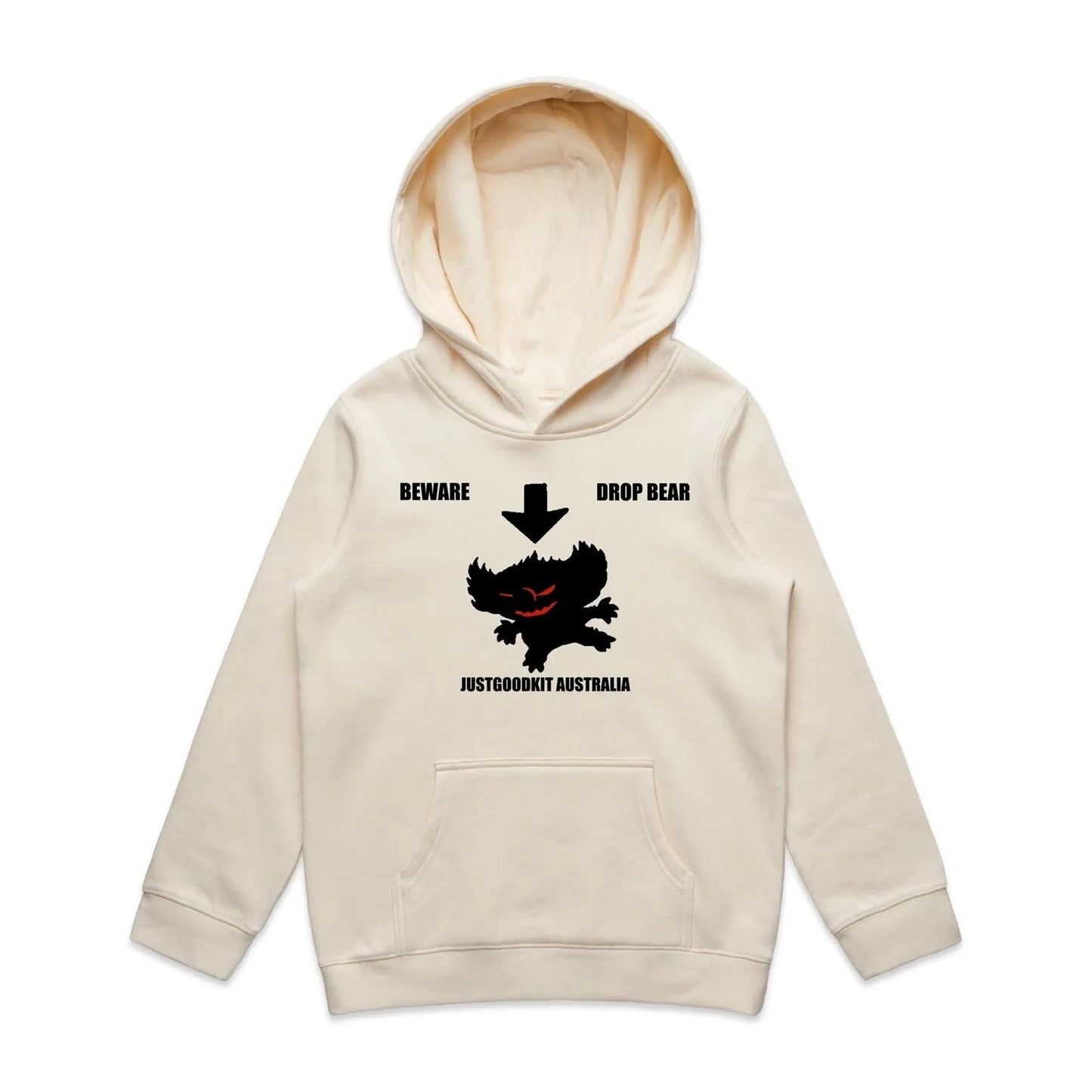 Kids beige Drop Bear Hoodie with graphic design, featuring kangaroo pocket and drawstring hood.