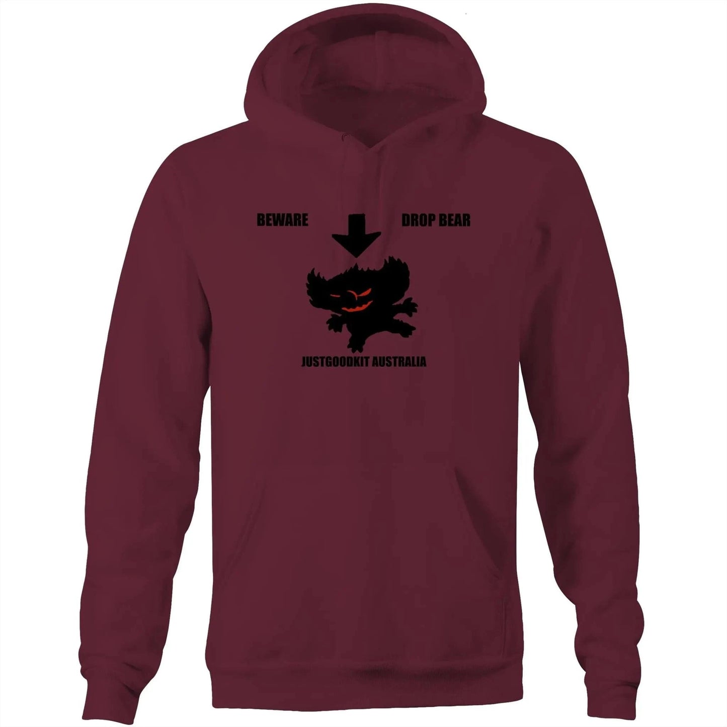 Drop Bear Unisex Pocket Hoodie in maroon with black print, featuring a lined hood and kangaroo pocket.