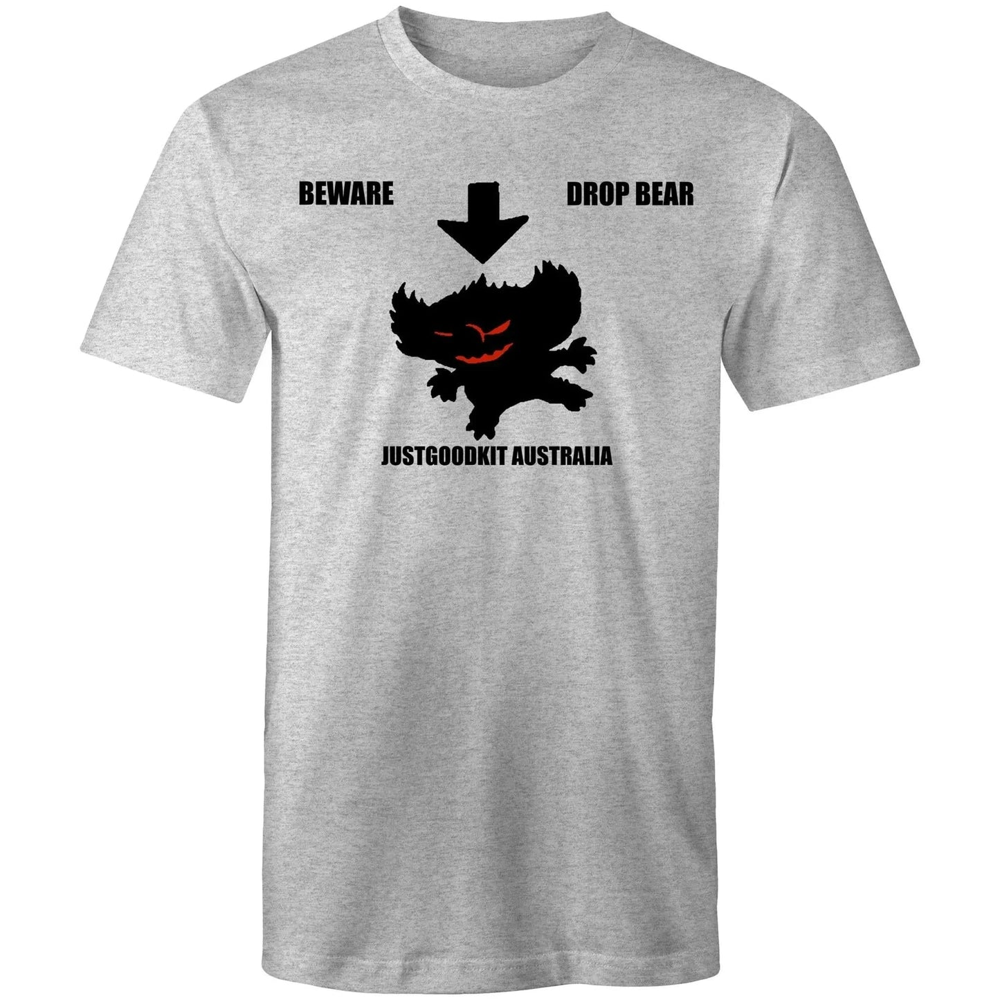 Drop Bear men's T-shirt with graphic design and text "Beware Drop Bear JustGoodKit Australia" on gray fabric.
