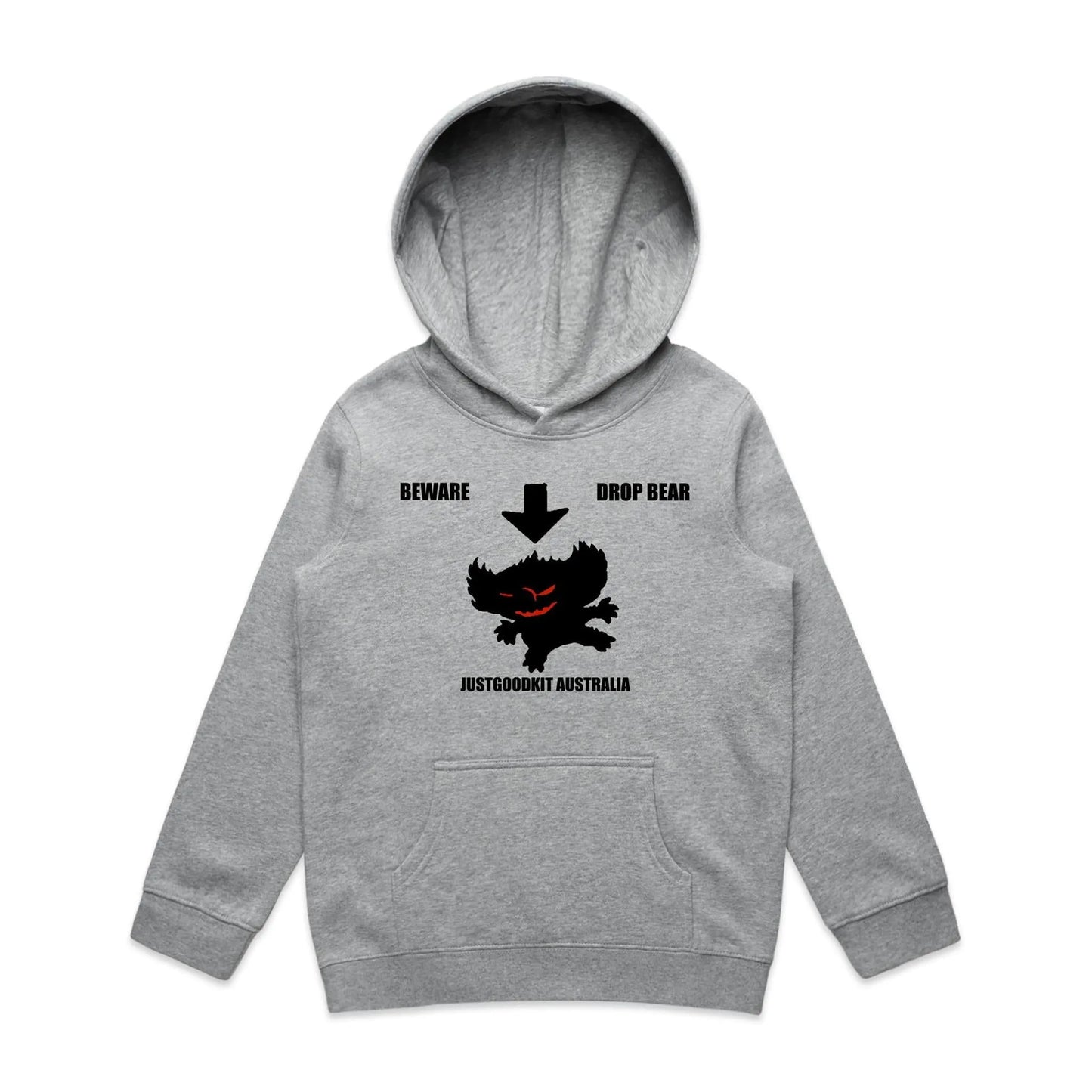 Kids grey hoodie with Drop Bear graphic and kangaroo pocket, featuring a pullover hood and ribbed cuffs.