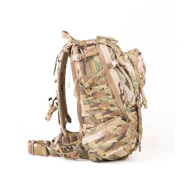 Medium Assault Pack in camouflage design, featuring modular attachments, adjustable harness, and multiple compartments for tactical and outdoor use.