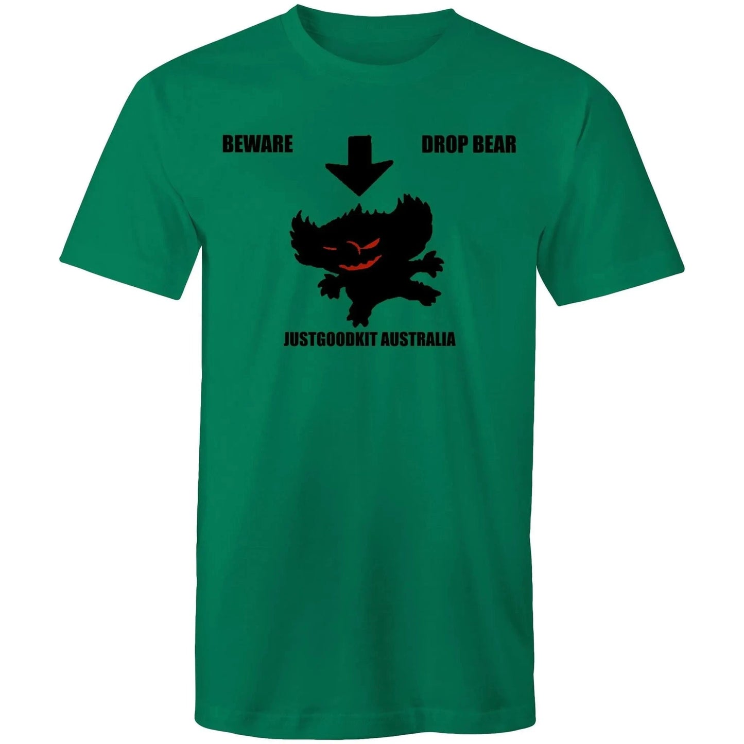 Green Drop Bear men's t-shirt featuring silhouette and warning text, blending Australian folklore with casual style.