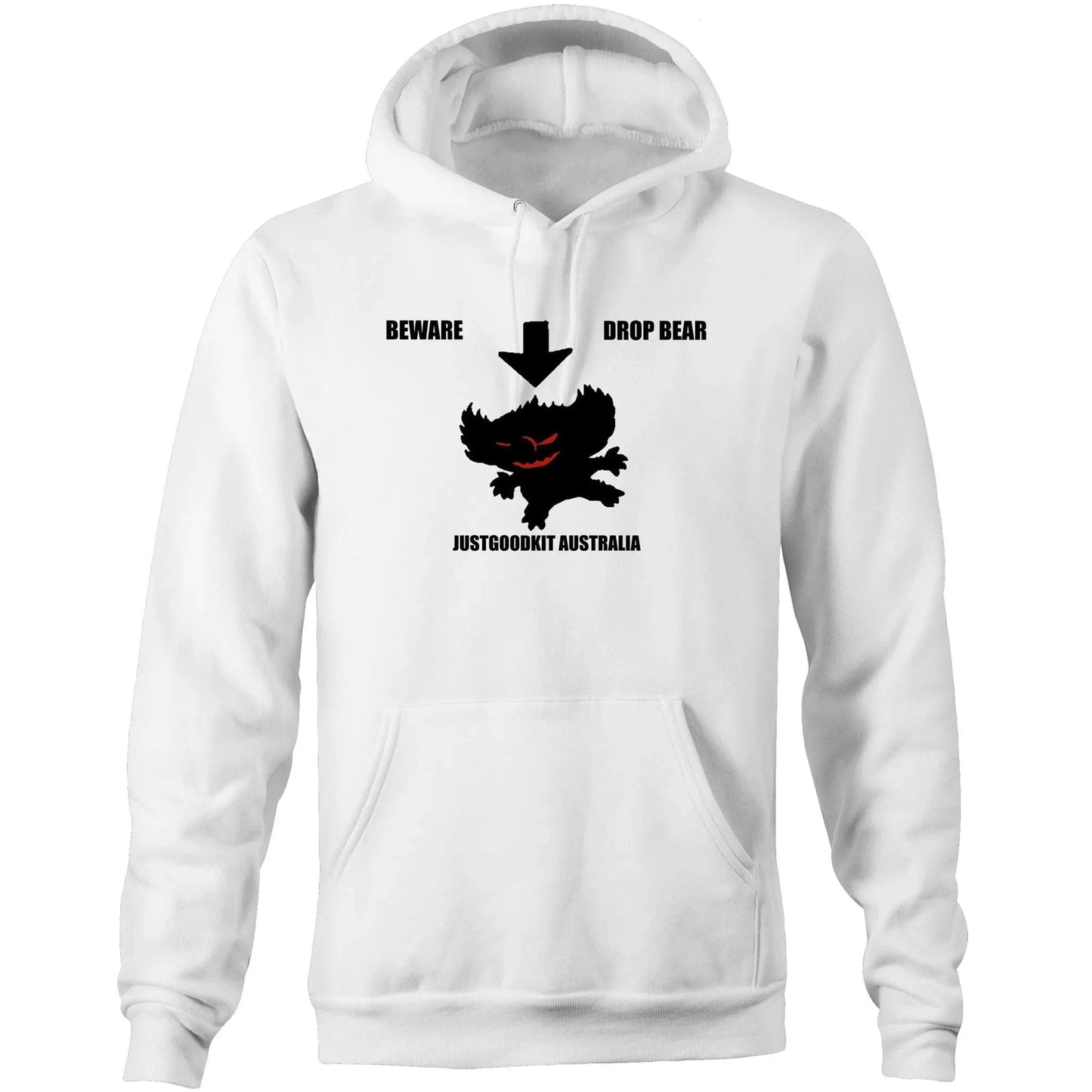 White Drop Bear Unisex Pocket Hoodie with graphic and kangaroo pocket.