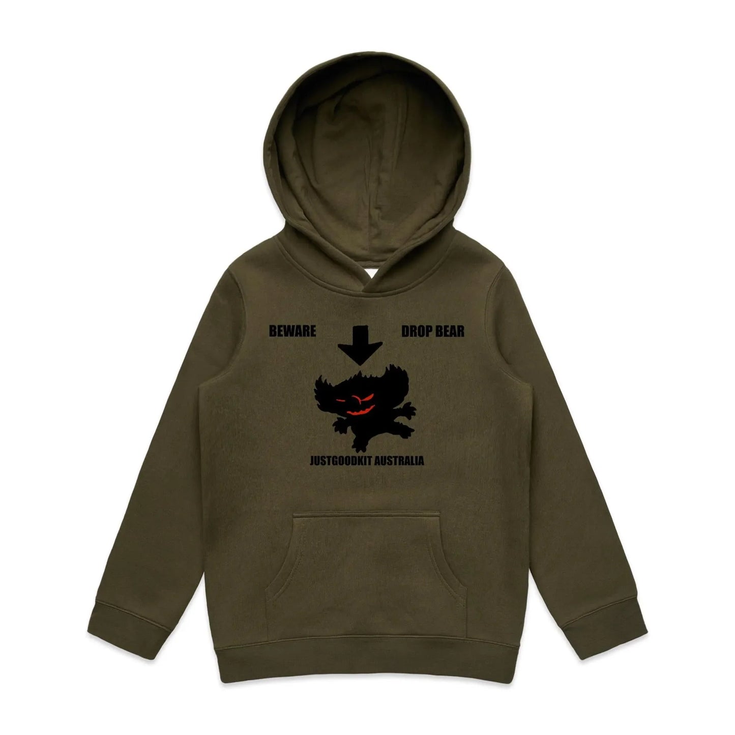 Kids Drop Bear Hoodie with kangaroo pocket and pullover hood in durable fleece.