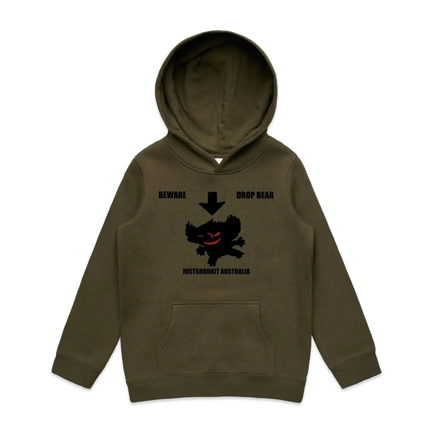 Drop Bear Hoodie for kids featuring a legendary design, kangaroo pocket, and durable anti-pill fleece.
