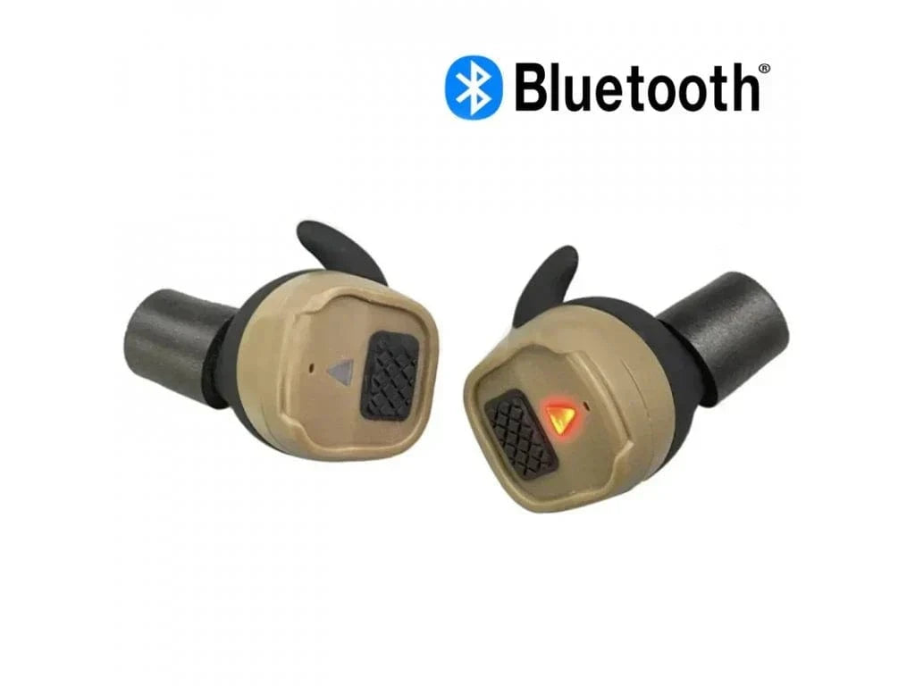 Earmor M20T wireless tactical hearing protection earbuds in coyote brown with Bluetooth connectivity.