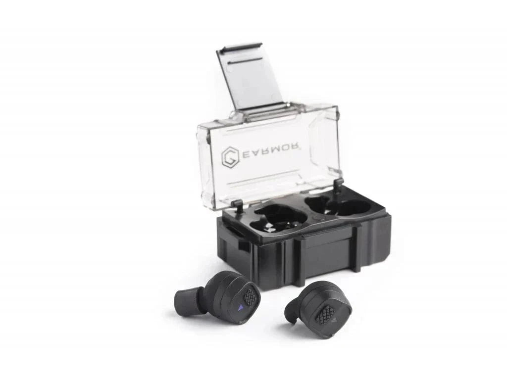 Earmor M20T wireless tactical earbuds with black rechargeable case.