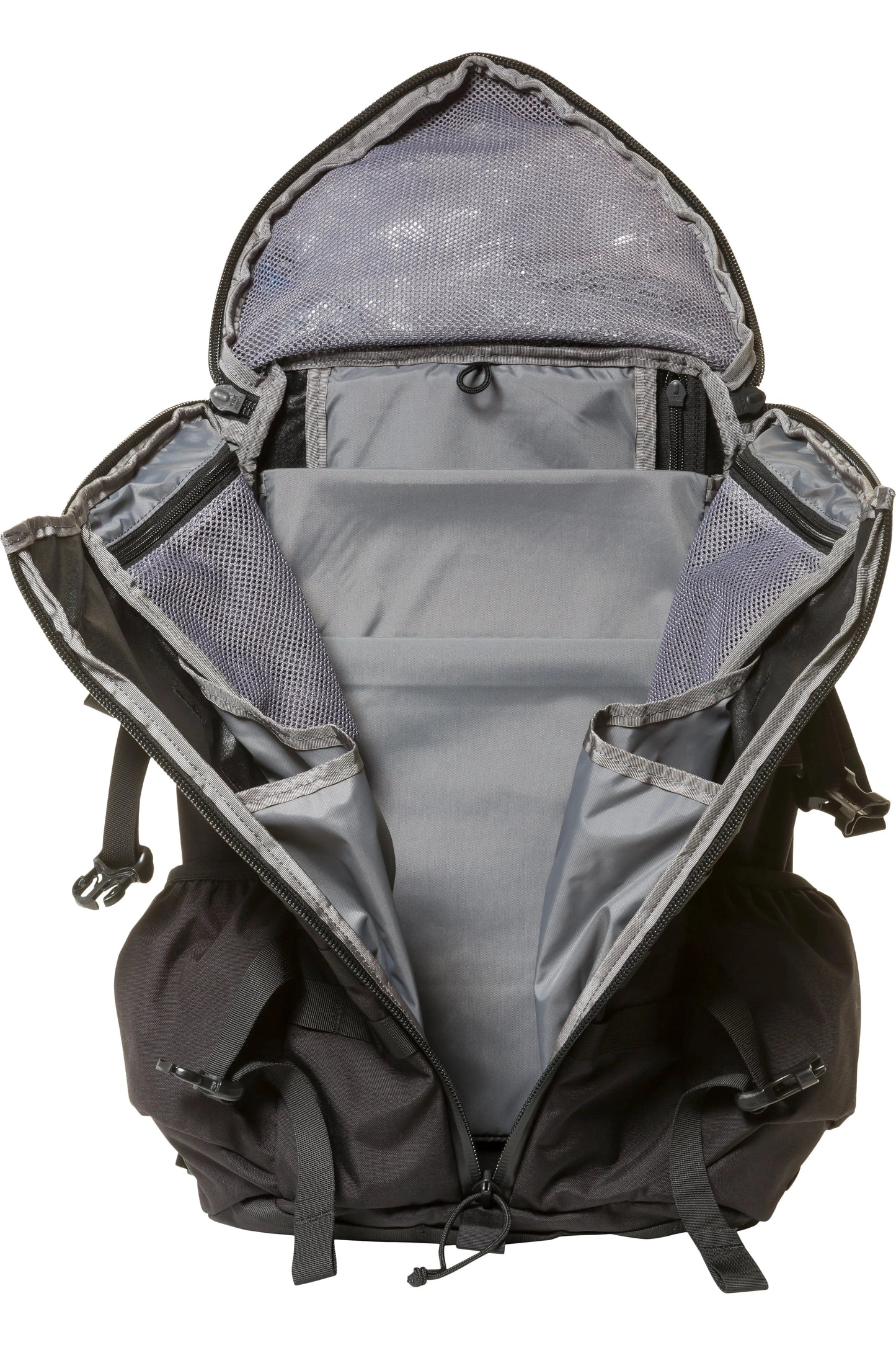 Mystery Ranch 2 Day Assault backpack with open 3-ZIP design and interior compartments.