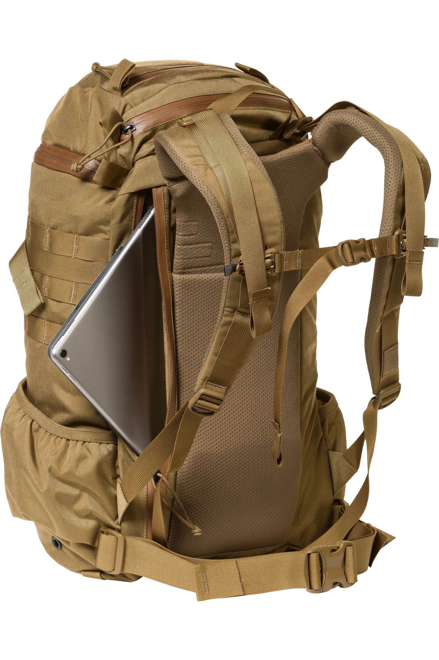 Mystery Ranch 2 Day Assault backpack with MOLLE, zipper pockets, and laptop sleeve.