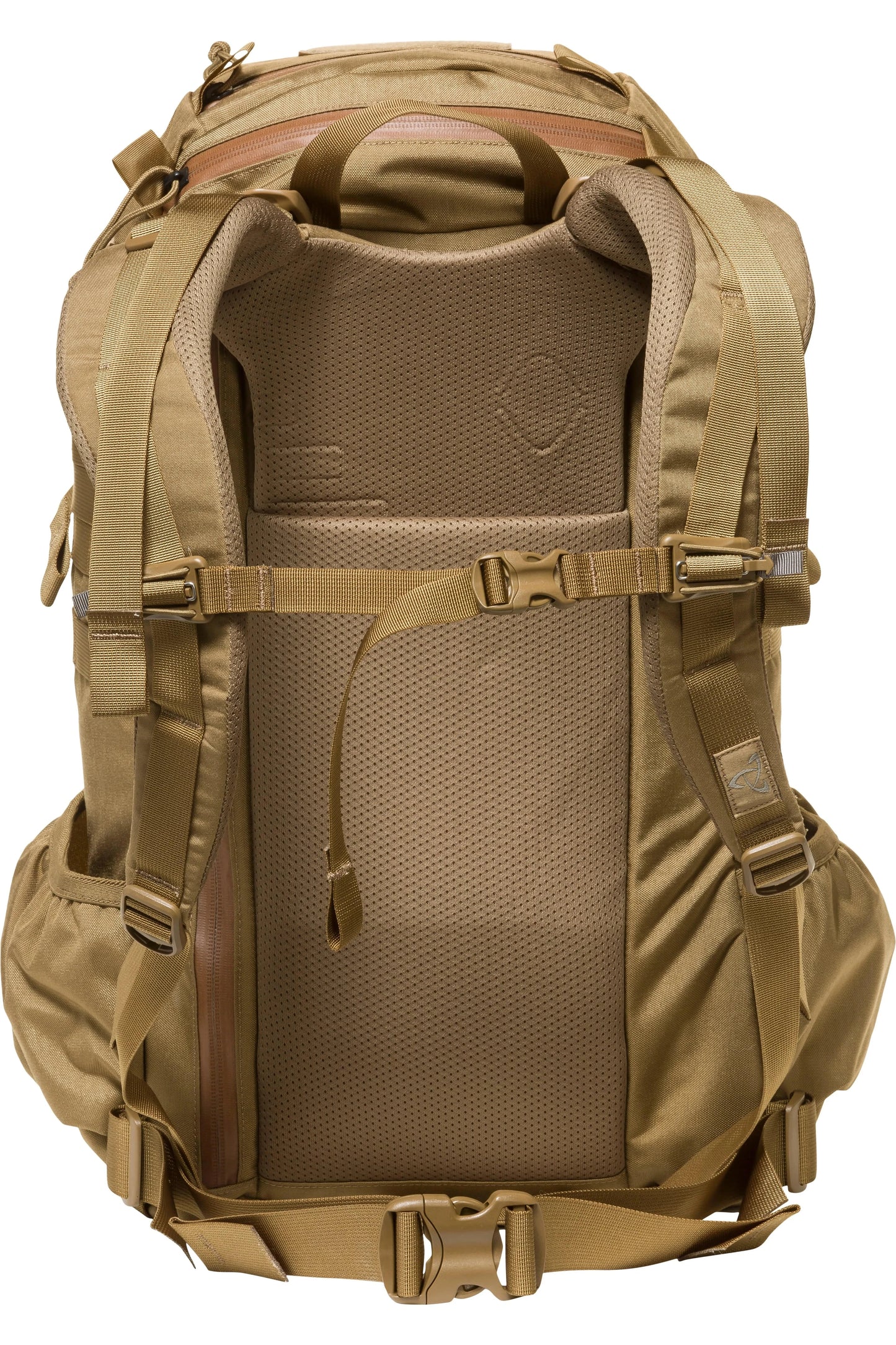 Mystery Ranch 2 Day Assault backpack rear view showing adjustable straps and MOLLE webbing.