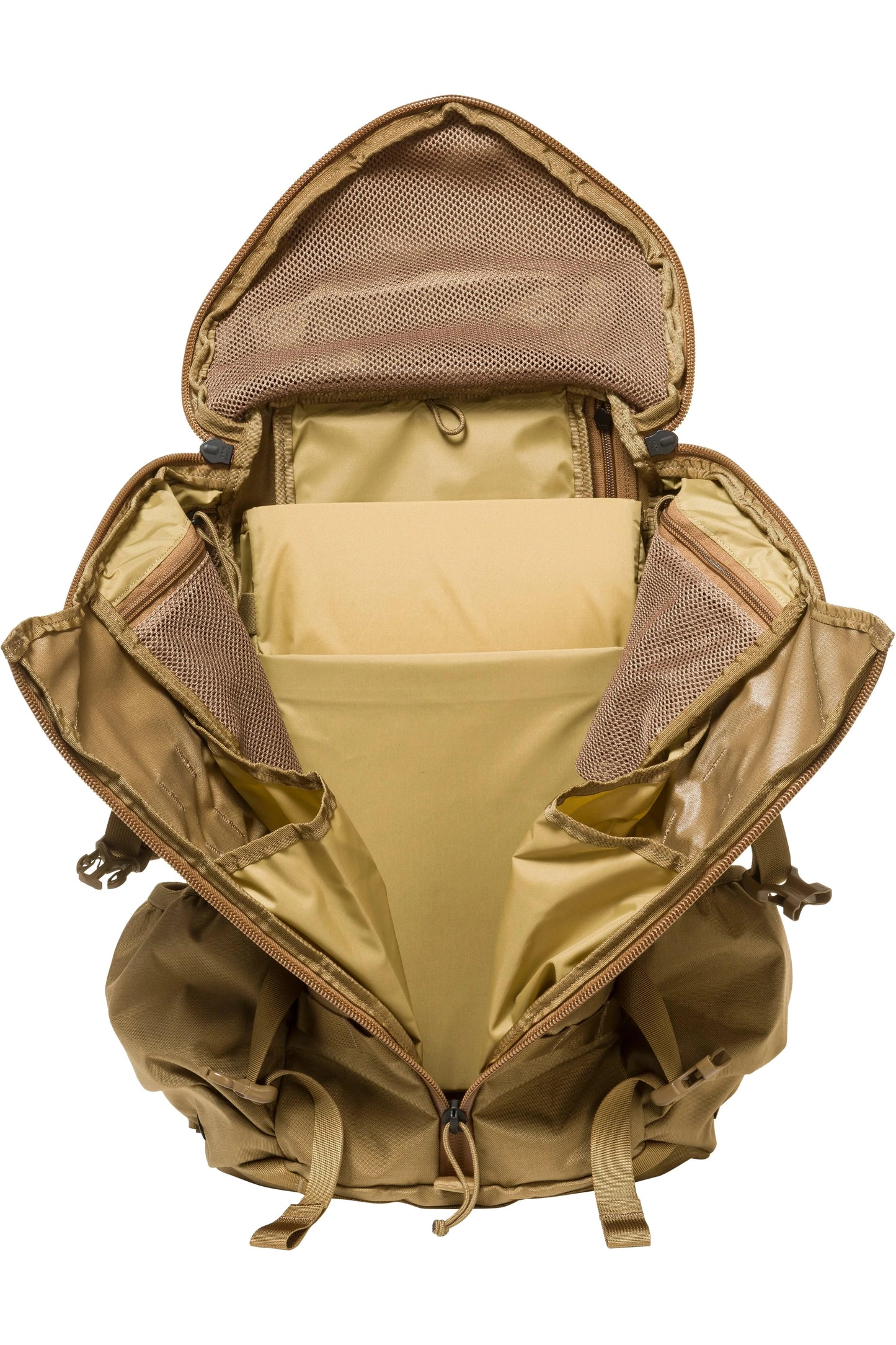 Mystery Ranch 2 Day Assault backpack with open compartments and MOLLE webbing.