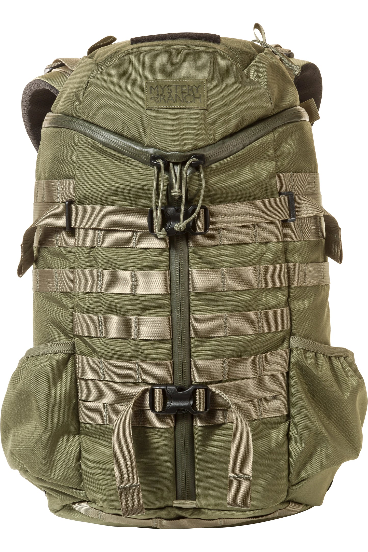 Mystery Ranch 2 Day Assault backpack in green with MOLLE webbing and zippered pockets.