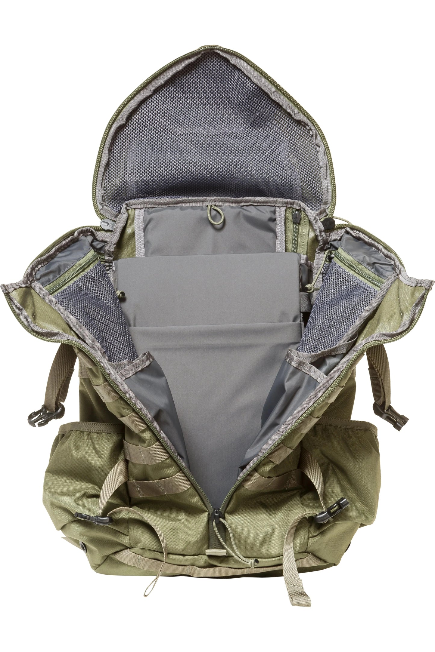 Mystery Ranch 2 Day Assault backpack with open 3-ZIP design, showing laptop sleeve and MOLLE attachments.