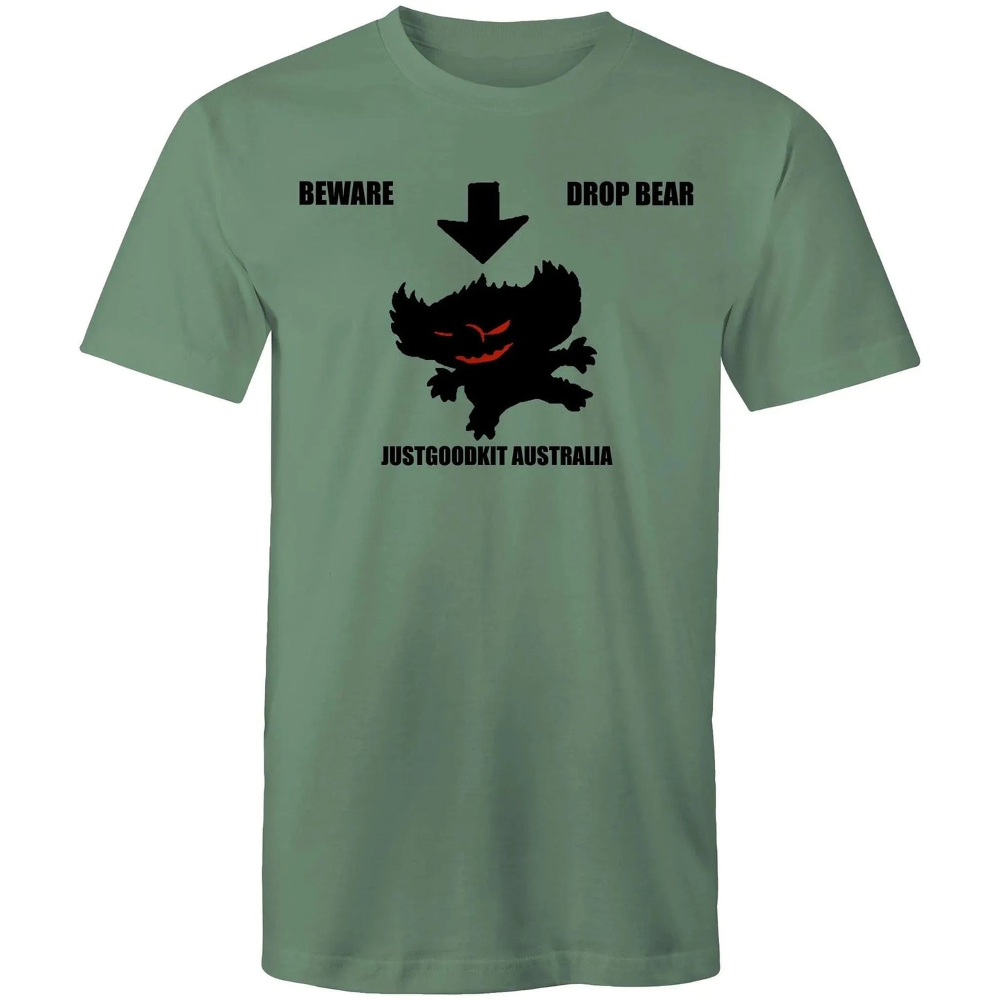 Drop Bear mens T-shirt with silhouette design and "Beware Drop Bear" text.