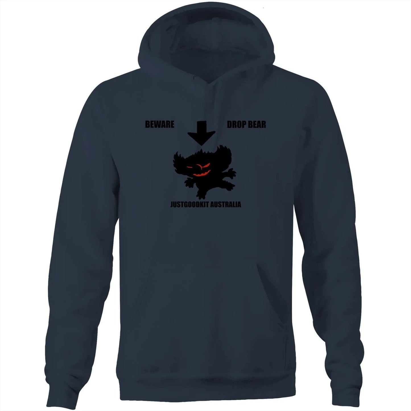 Drop Bear Unisex Pocket Hoodie with Australian folklore theme design, navy blue, front view.