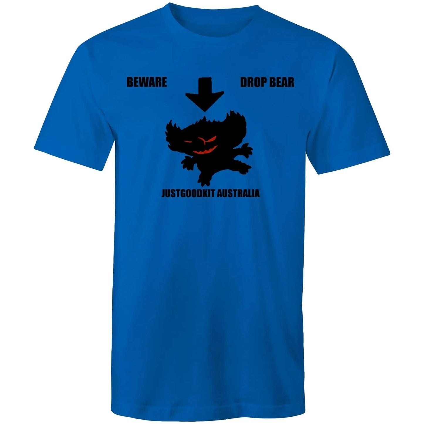 Blue Drop Bear men's T-shirt featuring a stylized drop bear graphic and text, made from 100% cotton for comfort and durability.