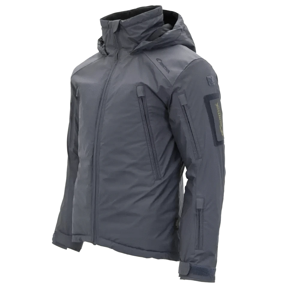 Carinthia MIG 4.0 Jacket in gray with hood, featuring advanced IR Camouflage Windstopper® fabric for ultimate protection and stealth.