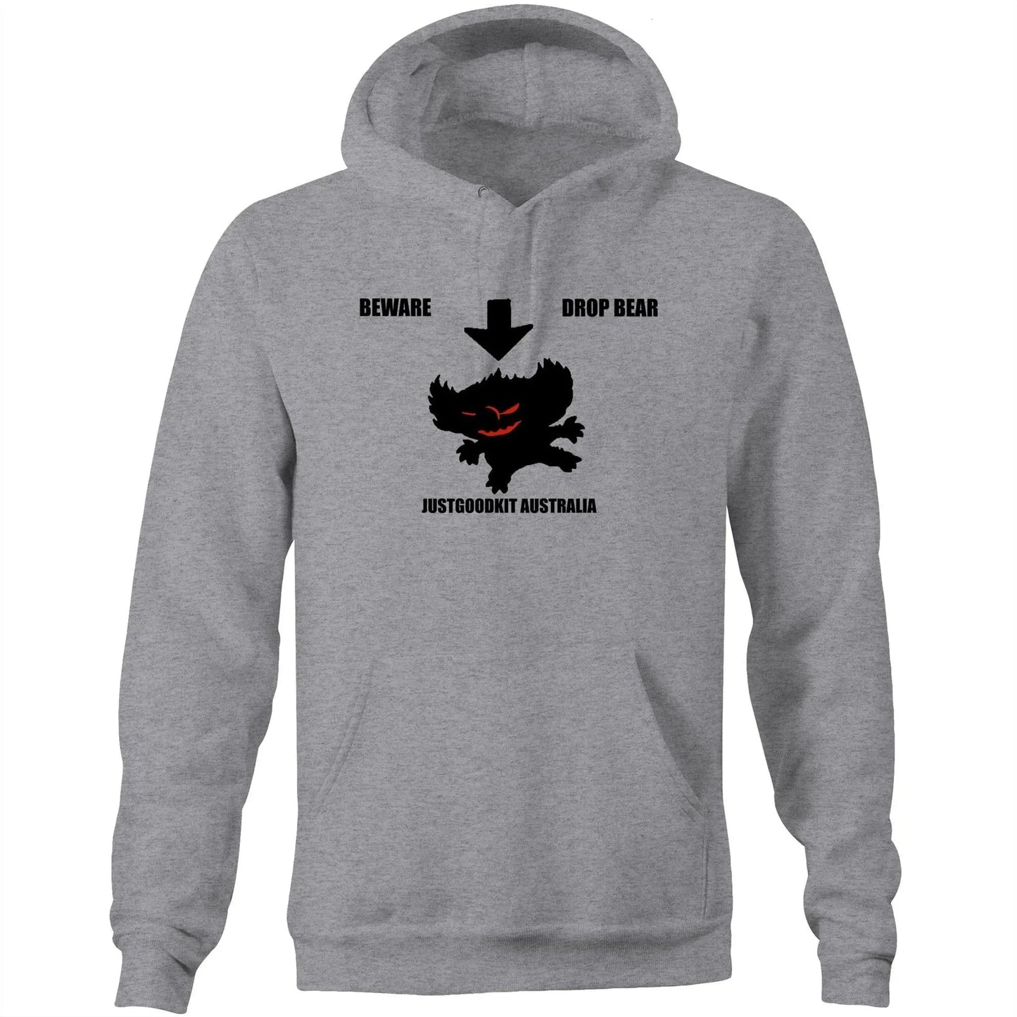 Drop Bear Unisex Pocket Hoodie in grey with drop bear graphic, lined hood, drawcord, and kangaroo pocket.