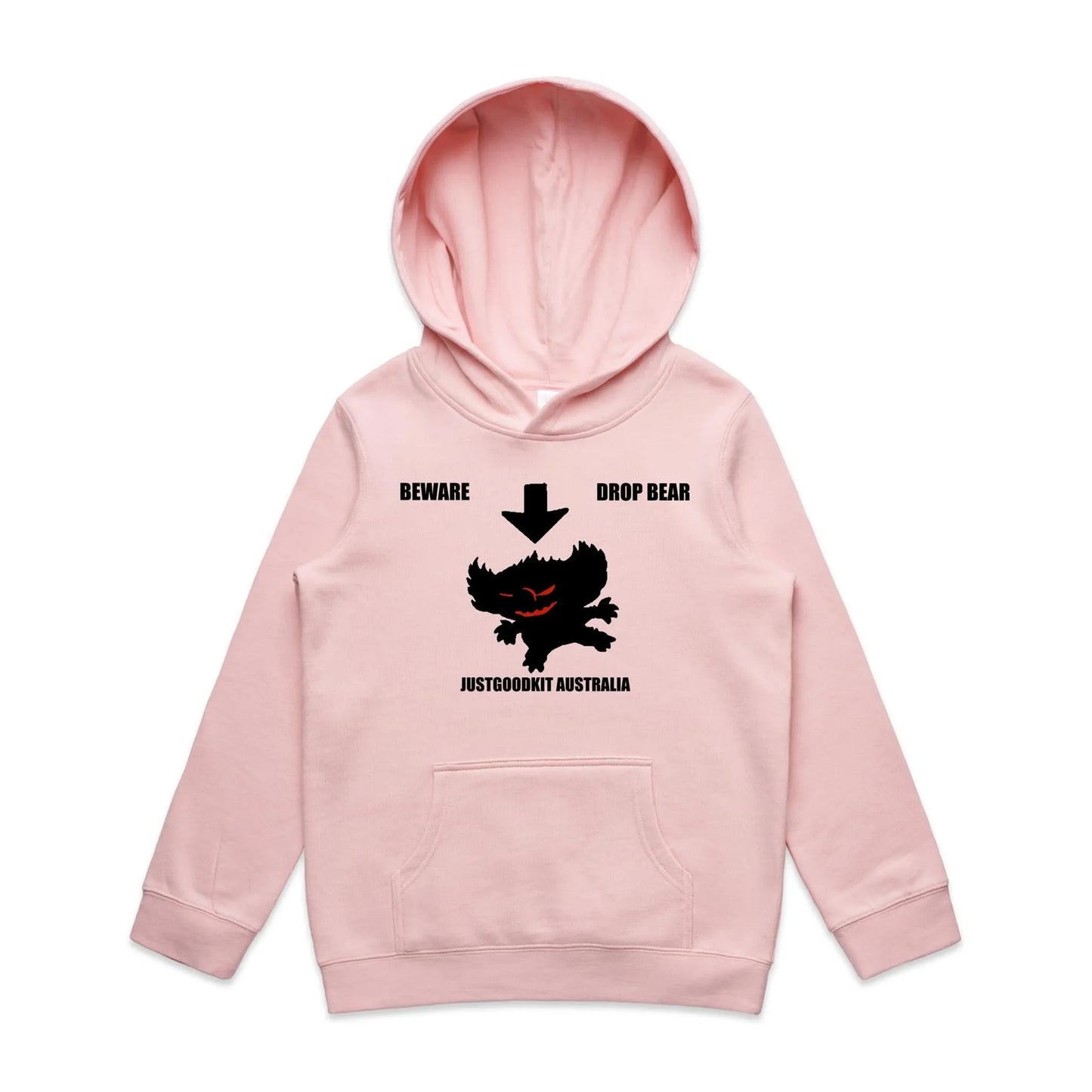 Kids pink hoodie with a graphic of the legendary Drop Bear and the words "Beware Drop Bear Justgoodvxt Australia" on the front.