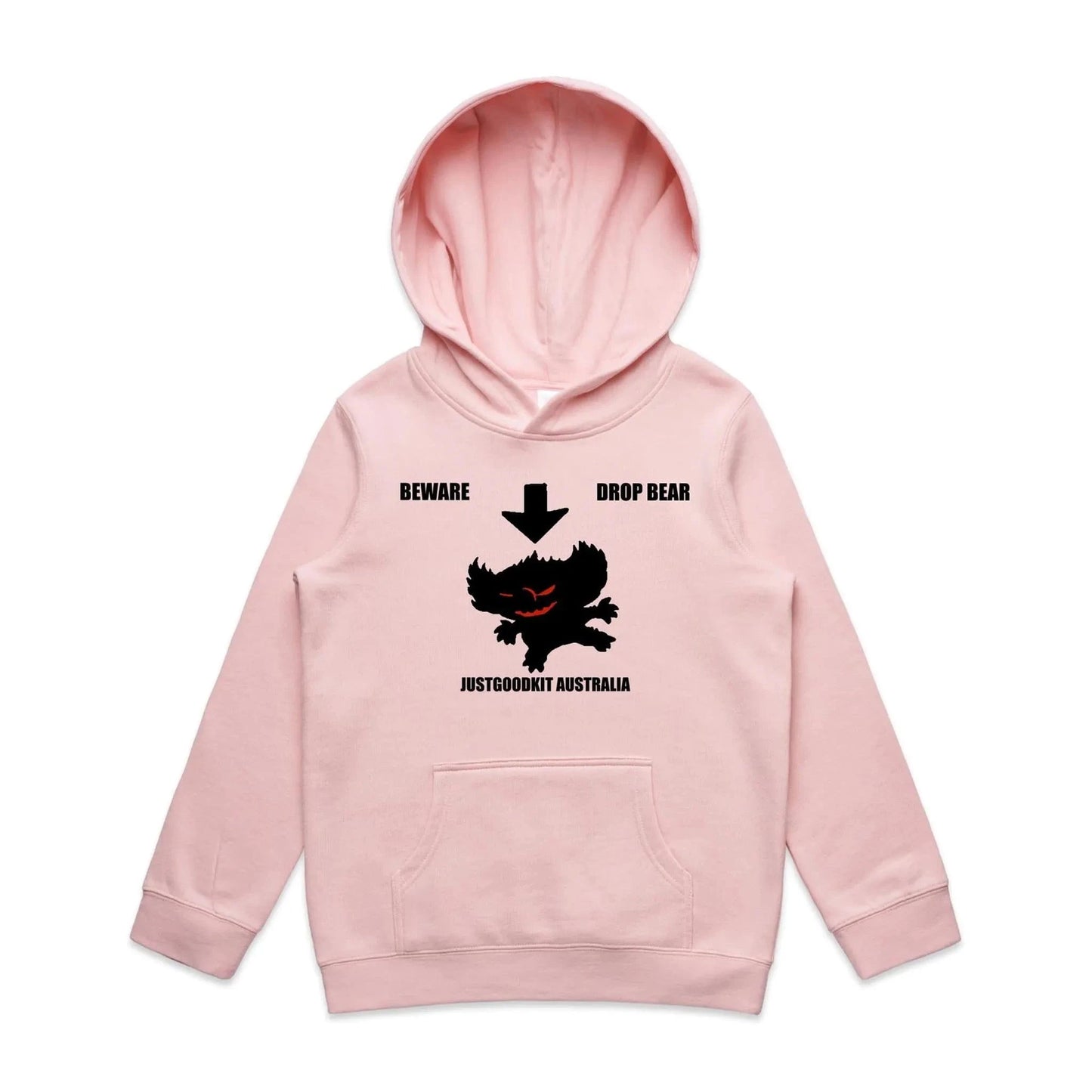 Kids pink Drop Bear Hoodie with a printed warning and bear graphic, featuring a kangaroo pocket and ribbed cuffs.