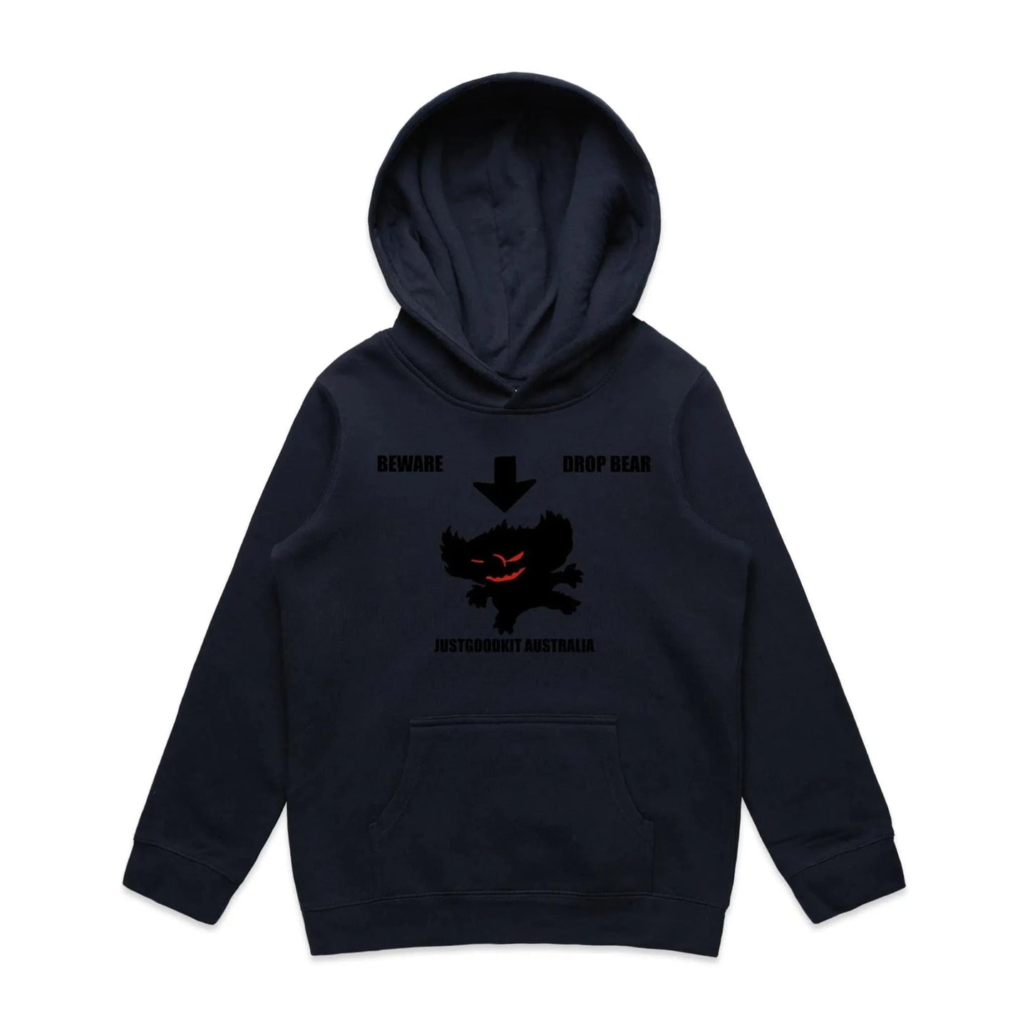 Kids' Drop Bear Hoodie featuring a pullover hood, kangaroo pocket, and drop bear graphic - perfect for young adventurers.