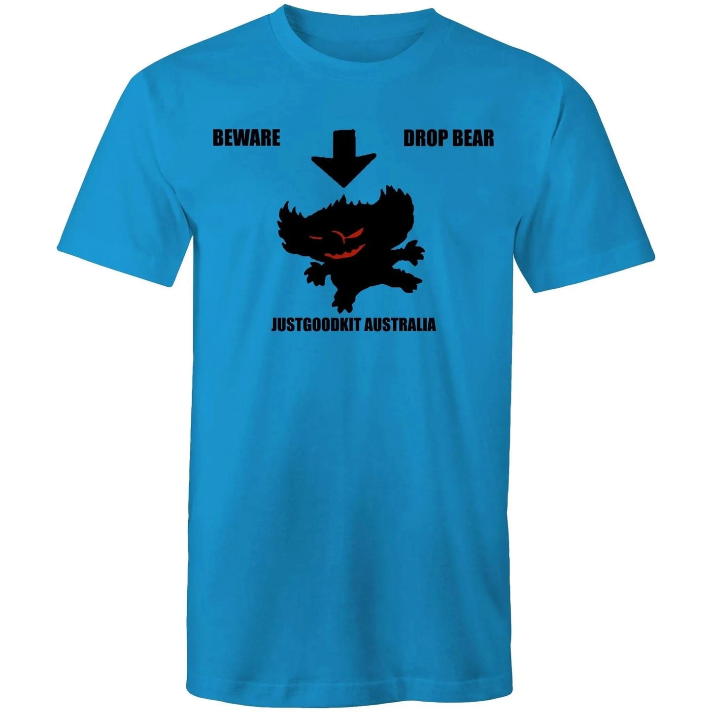 Blue Drop Bear men's T-shirt with black silhouette graphic and text, "Beware Drop Bear Justgoodkit Australia."