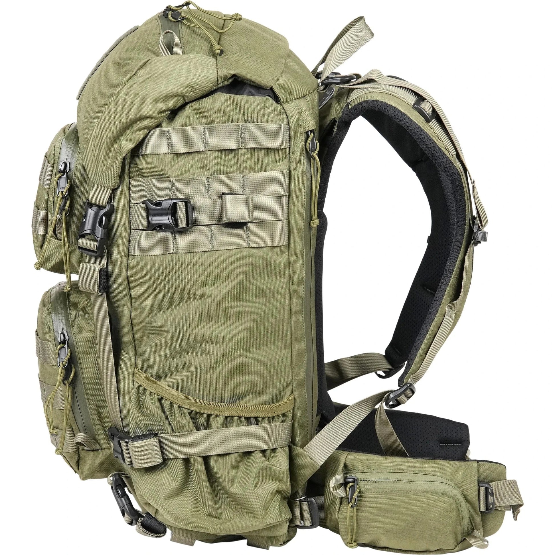 BLITZ 35 Backpack in green, showcasing tactical design, side zippers, and PALS webbing for versatile use.