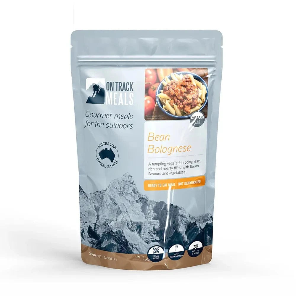 Best hiking food Bean Bolognese vegan meal pouch with mountain design.