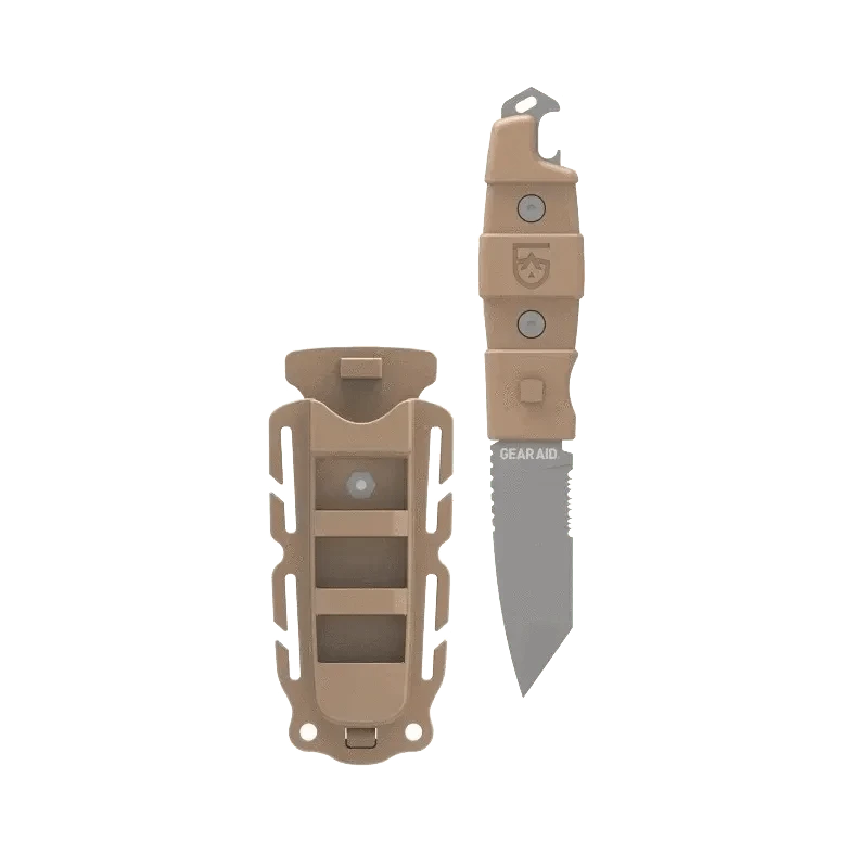 Best Survival Knife - Kotu Tanto by GEAR AID with 3" titanium-coated blade, glass breaker, and acetal handle in coyote color, shown with quick-release sheath.
