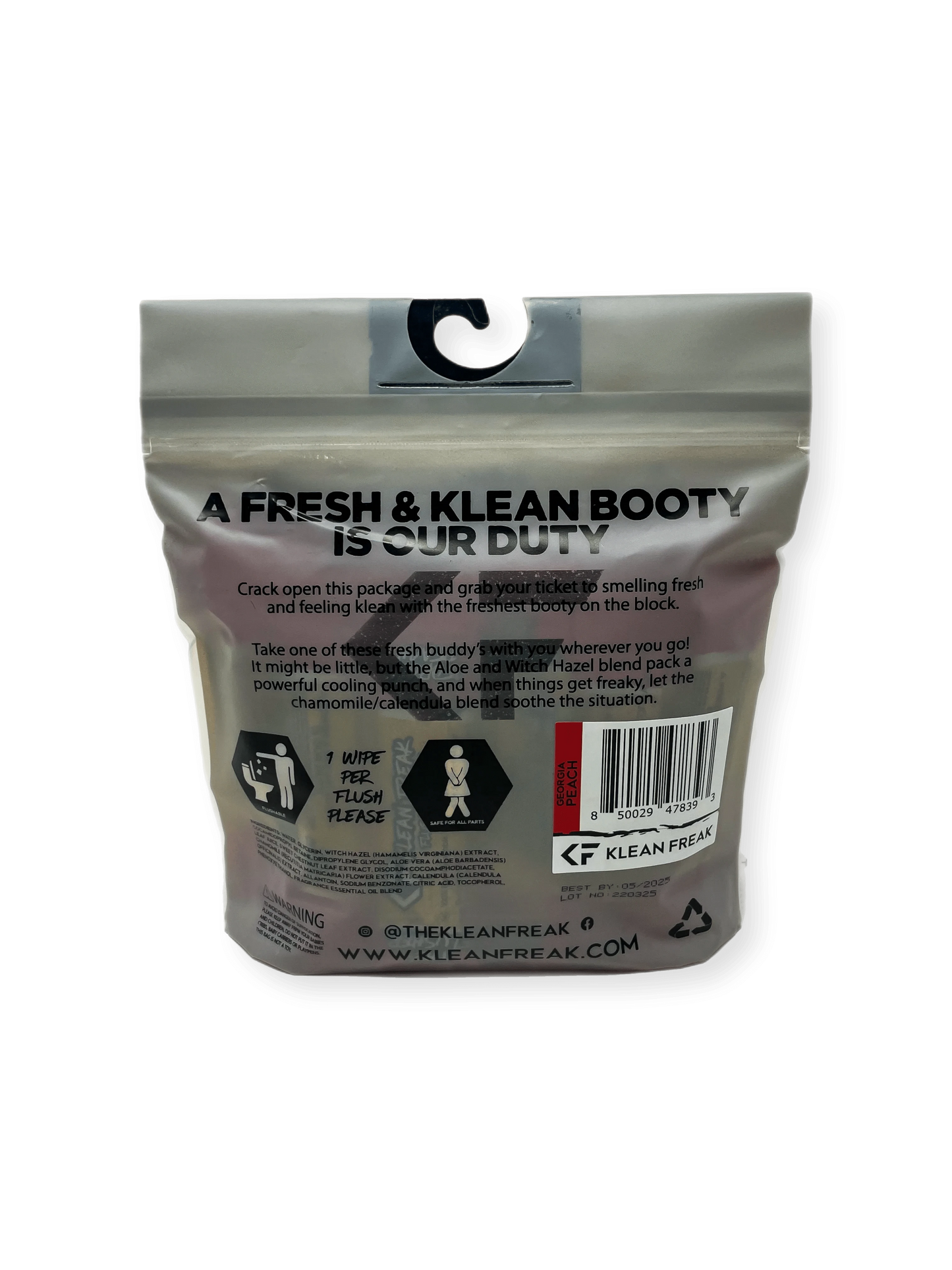 Flushable wipes packaging with "A Fresh & Klean Booty Is Our Duty" slogan.