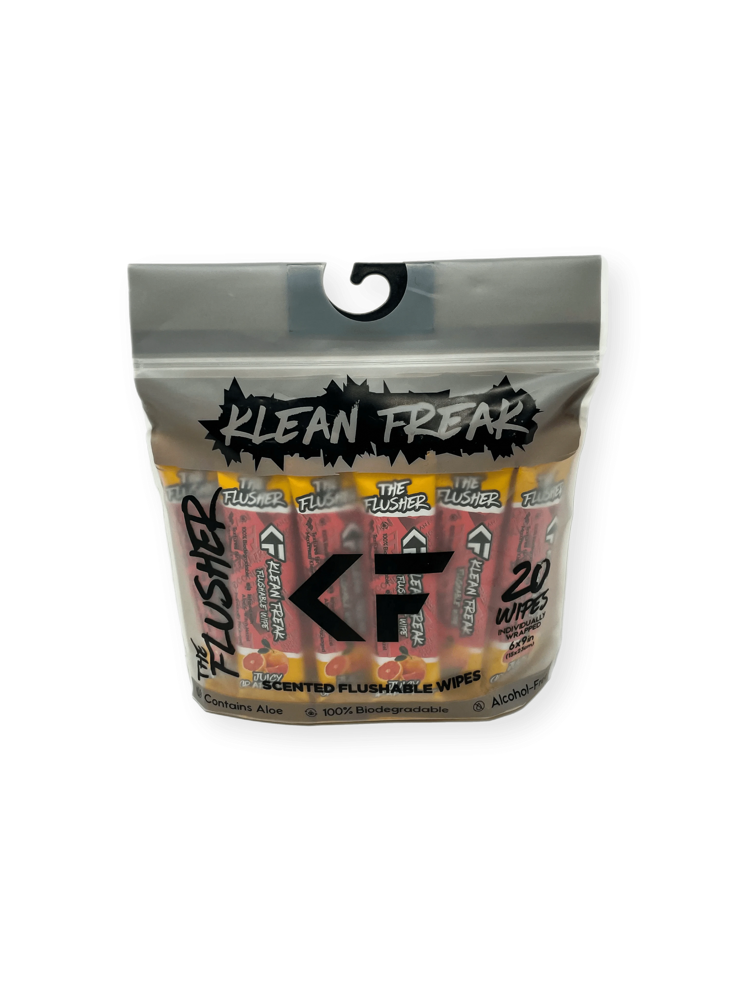 Klean Freak Flusher flushable wipes packaging, 20-pack, scented options.