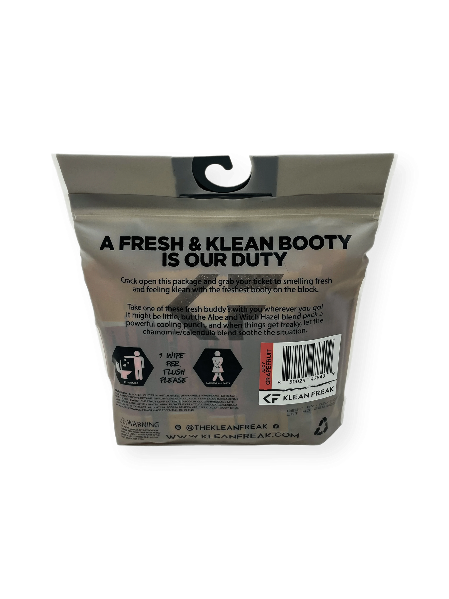 Flushable wipes pack from Klean Freak featuring eco-friendly, gentle skin-care ingredients.