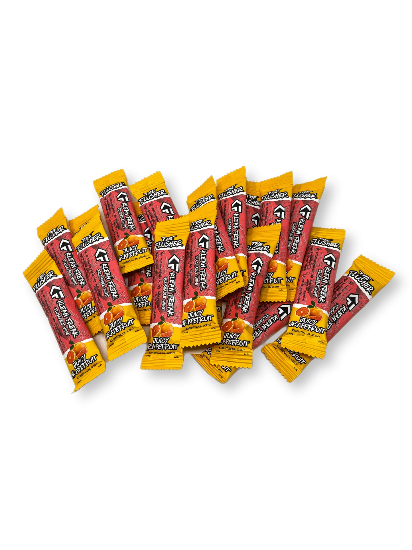 Flushable wipes in individual yellow and red packaging with “Klean Freak Flusher” branding.