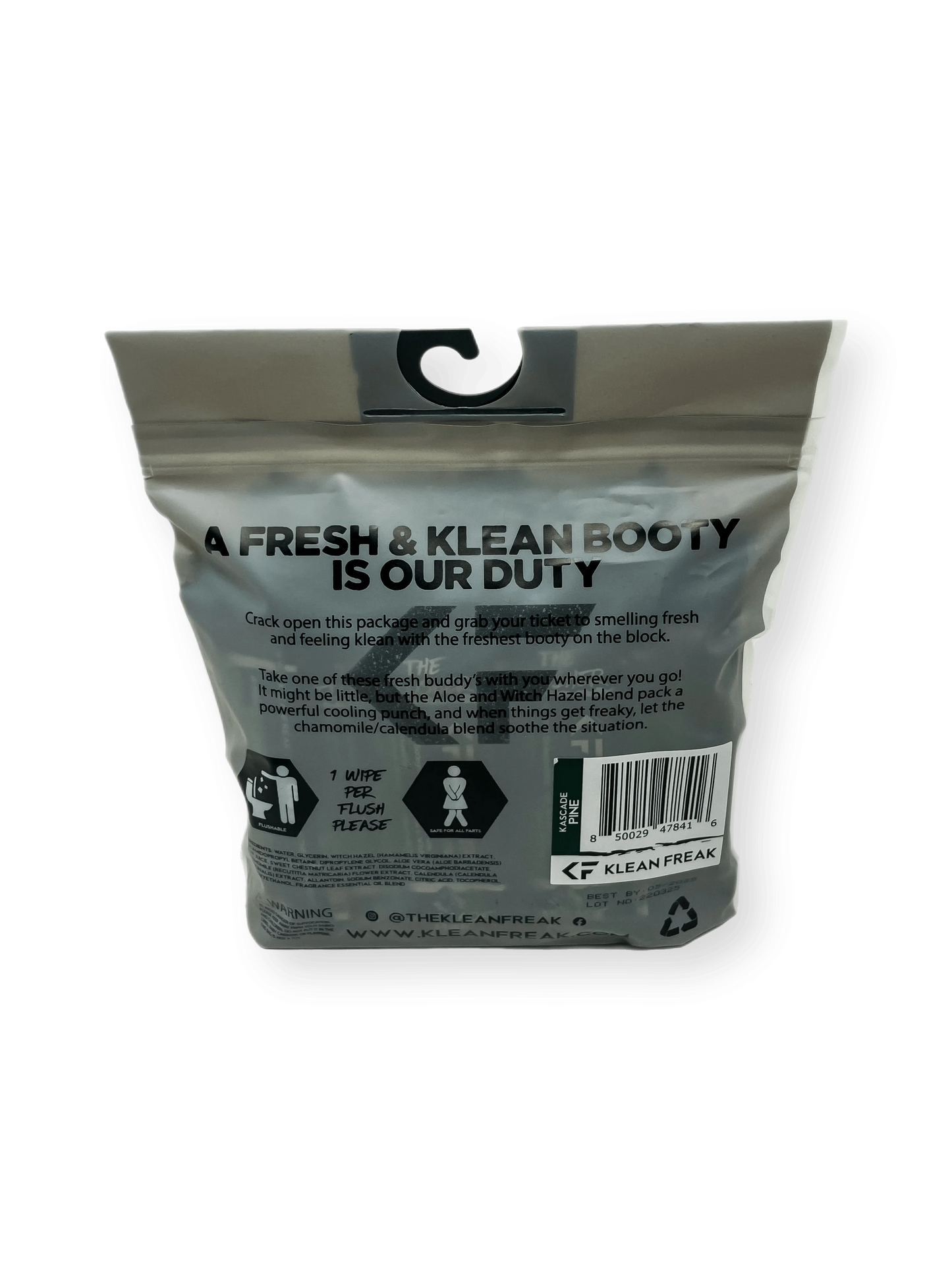 Flushable wipes package labeled "A Fresh & Klean Booty is Our Duty" with Klean Freak branding.