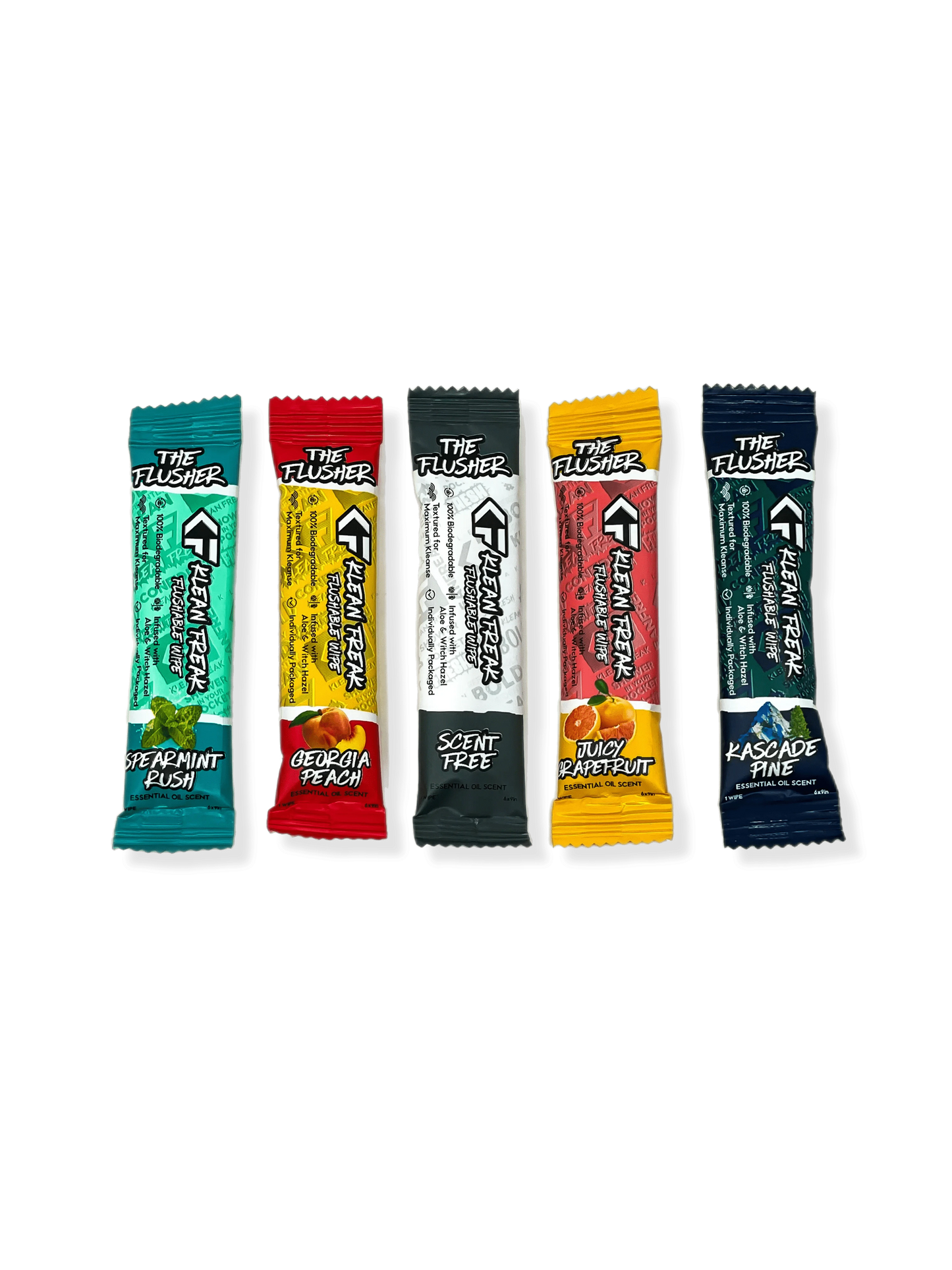 Flushable wipes variety pack featuring Spearmint Rush, Georgia Peach, Scent-Free, Juicy Grapefruit, and Kascade Pine.