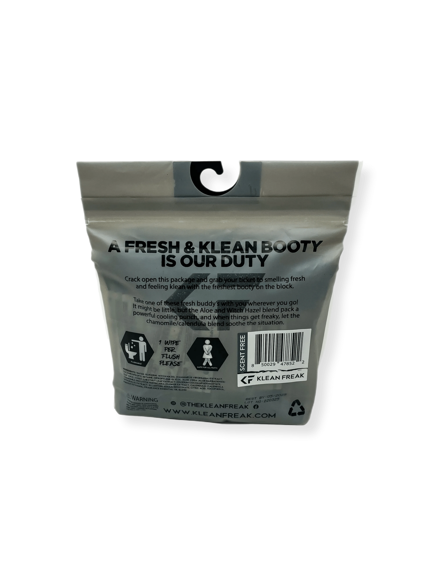 Flushable wipes package with eco-friendly design, featuring gentle, alcohol-free formula and refreshing scents.