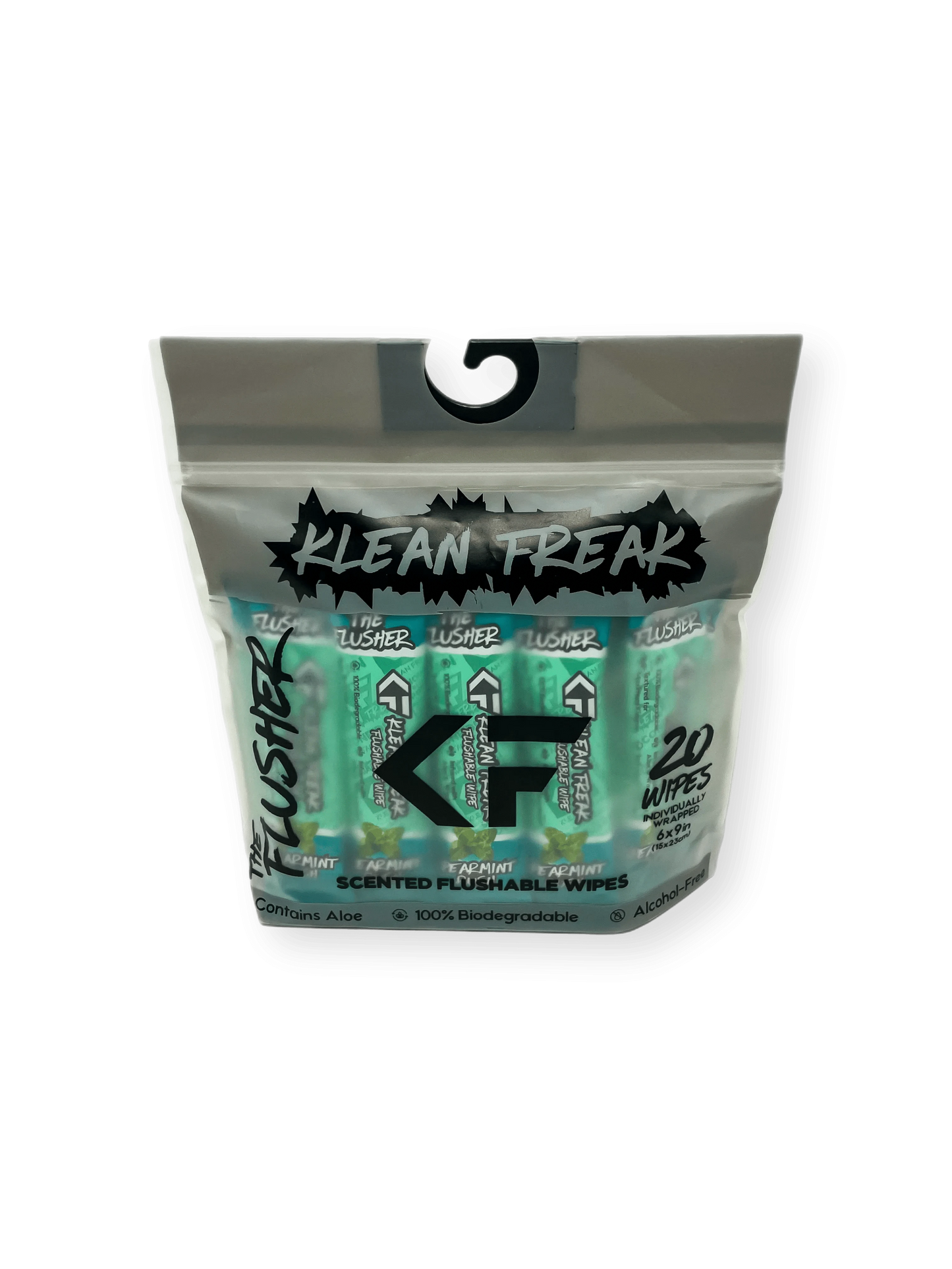 Flushable wipes pack with Klean Freak branding, featuring 20 scented wipes for hygiene and freshness.