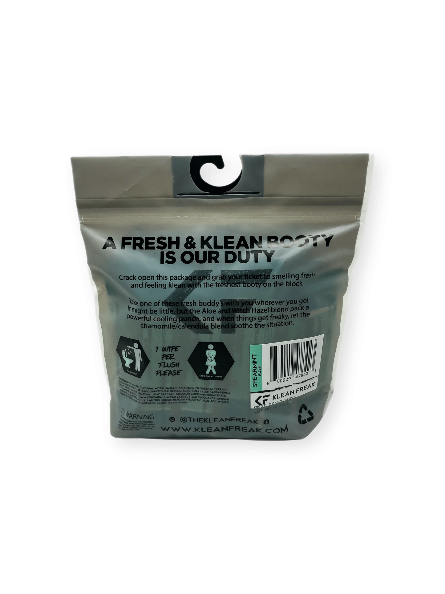 Flushable Wipes - Klean Freak Flusher packaging with hygiene and freshness tagline.