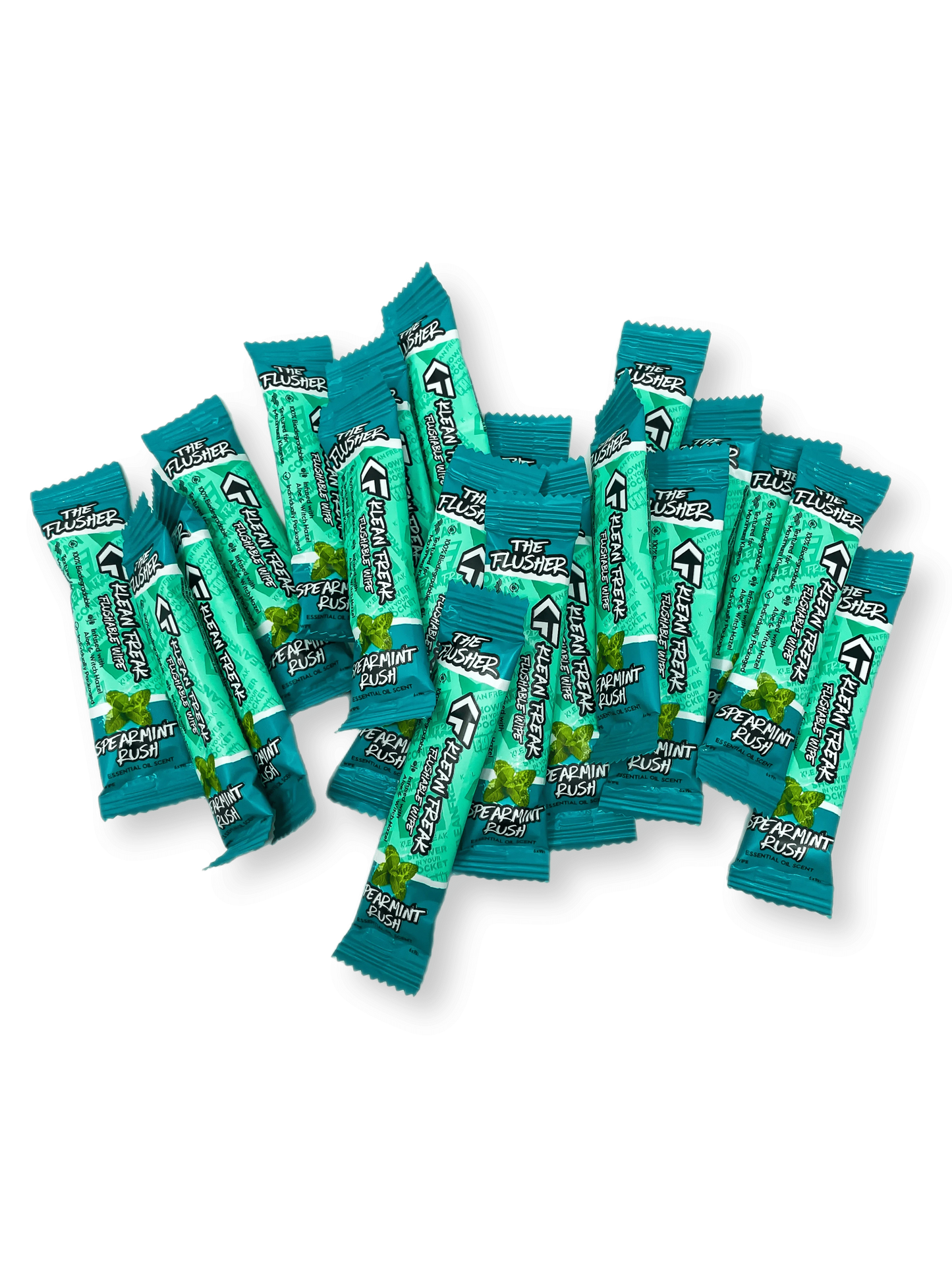Flushable wipes in individual teal packaging for hygiene and freshness.